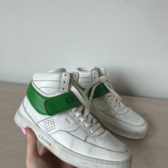 Celine CT-03 High Top Sneakers Sz 37 Optic White & Green Calfskin Leather - Picture 3 of 14